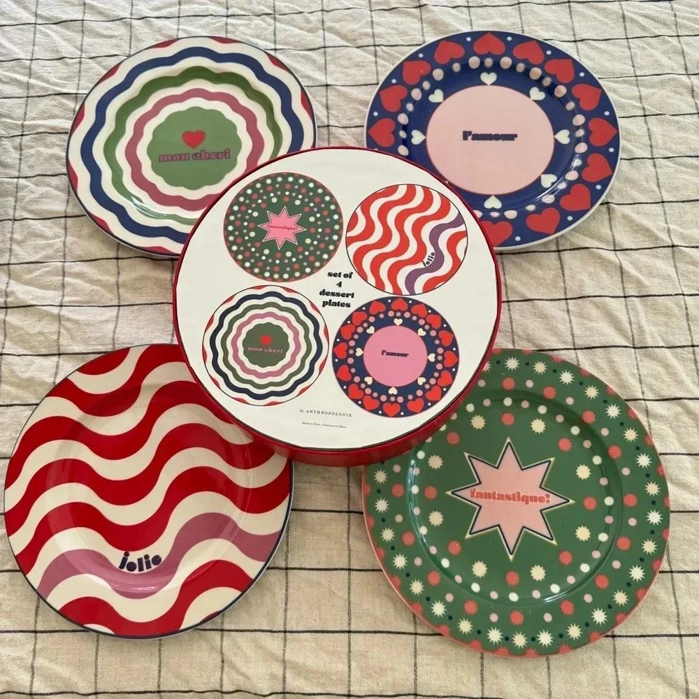 Anthropologie home maeve dessert plates colorful modern gift box hand painted